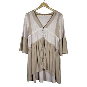 Listicle Mixed Media Waffle Knit Babydoll Tunic Tan Boho Bell Sleeve Size S